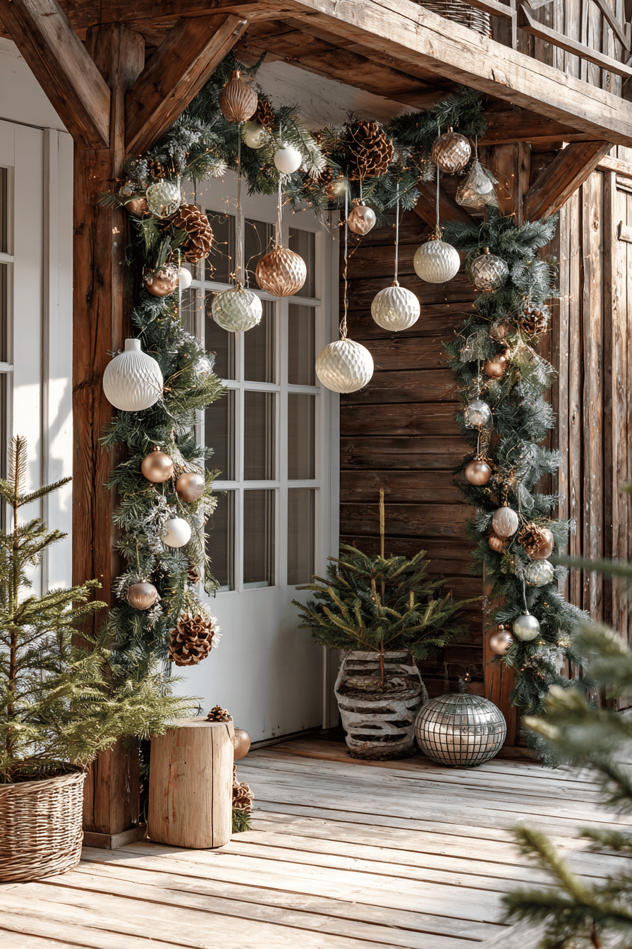 Eine weihnachtlich geschmückte Veranda mit grünen Tannengirlanden und Kugeln.
