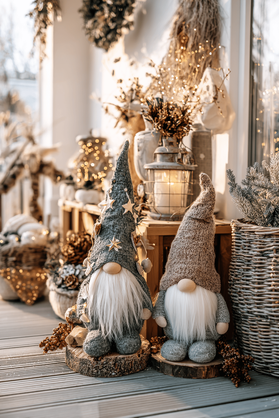 Zwei dekorative Weihnachtswichtel im Garten, umgeben von Laternen und Pflanzen.