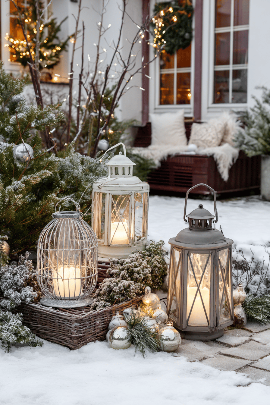 Winterlich dekorierter Garten mit Laternen und Lichterketten, umgeben von Schnee.