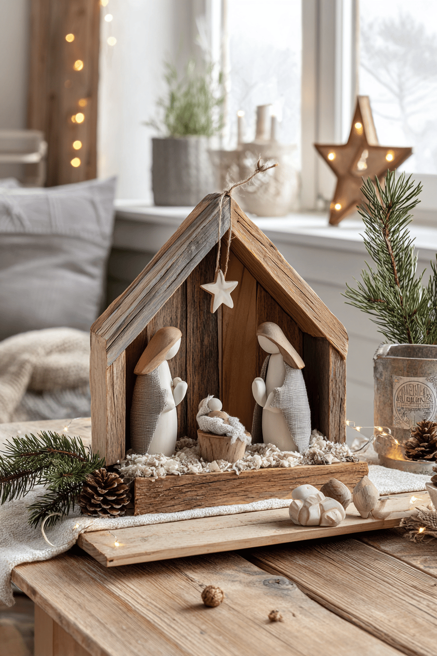 Dekorative Weihnachtskrippe aus Holz mit stilisierten Figuren auf Tisch vor Fenster