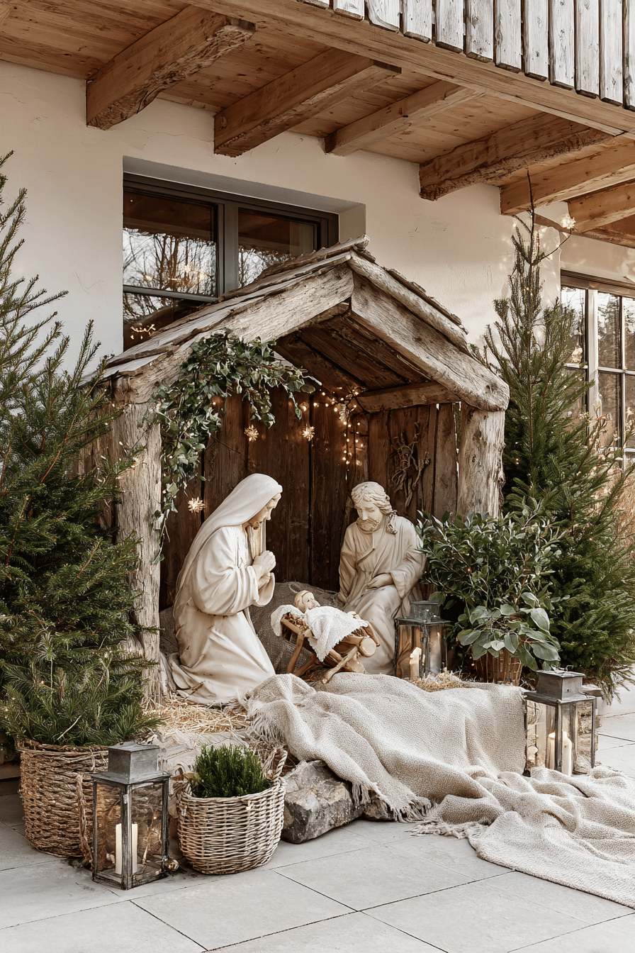Weihnachtskrippe im Garten mit Figuren, Laternen und Tannengeäst.