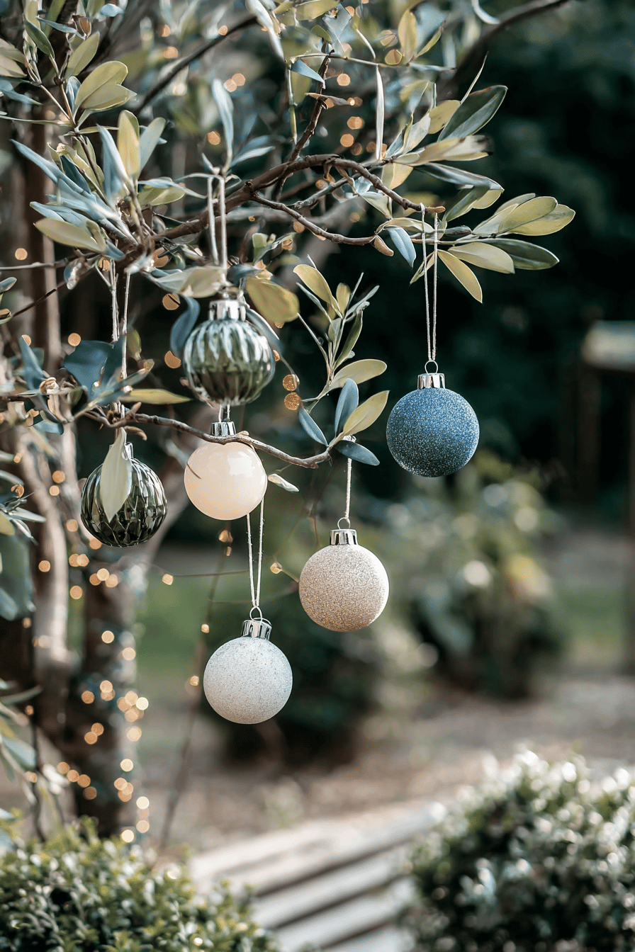 Weihnachtskugeln hängen an Ästen in einem Garten.
