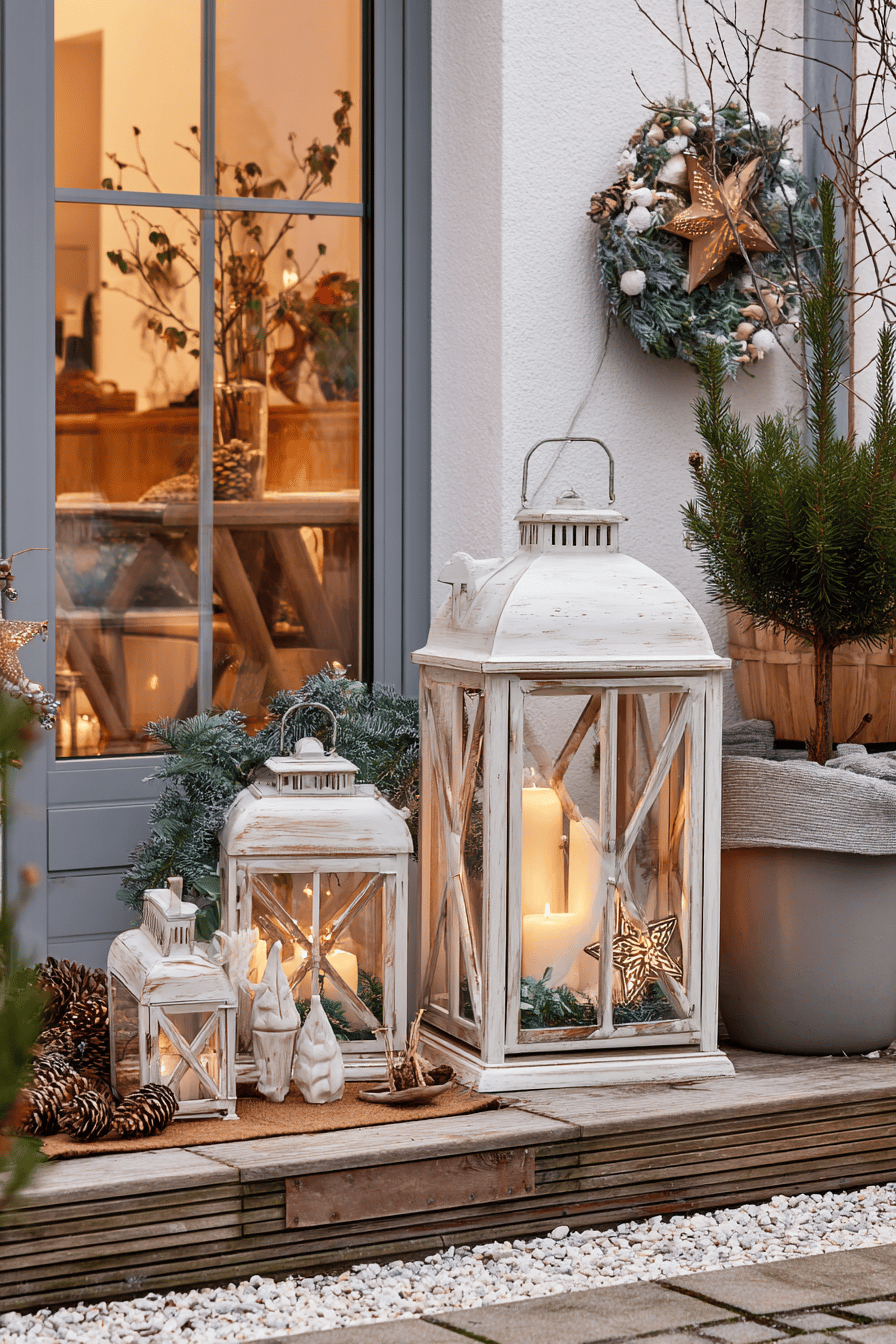Ein Ensemble von großen und kleinen Weihnachtslaternen neben einem geschmückten Kranz im Garten.