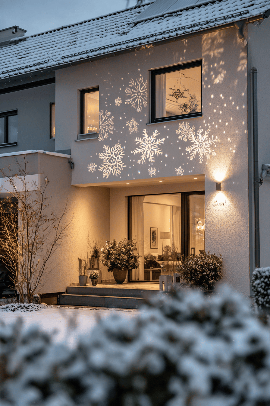 Hausfassade mit leuchtenden Schneeflocken durch einen Weihnachtsprojektor beleuchtet