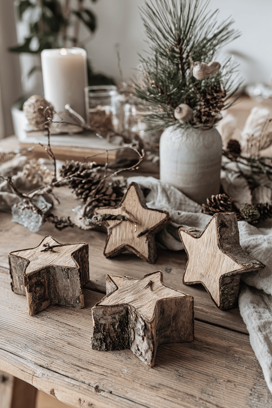 Holzsterne aus Baumrinde auf einem Tisch mit weihnachtlicher Dekoration.