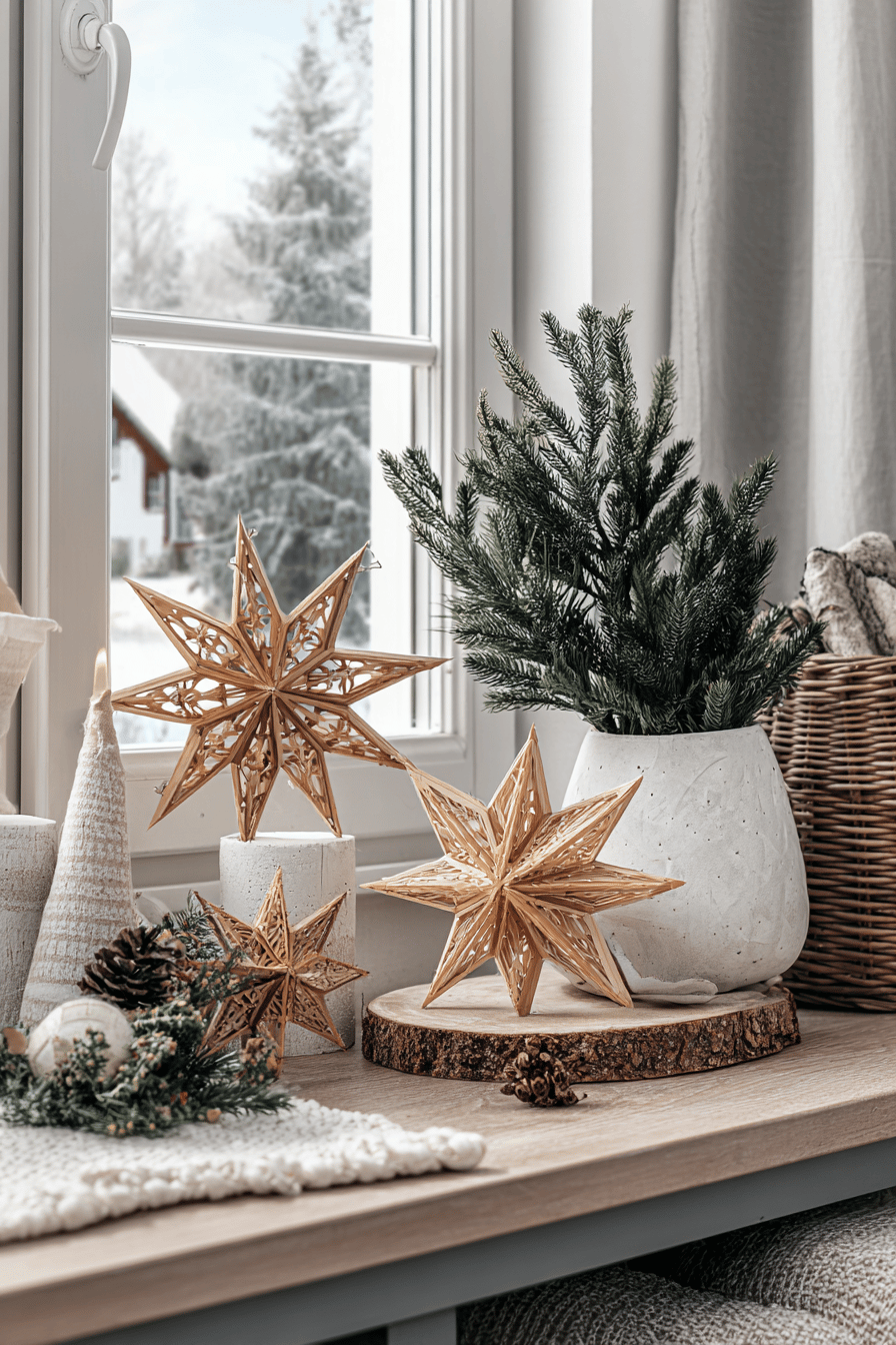 Holzsterne und Tannenzweige auf einer Fensterbank, weihnachtlich dekoriert.