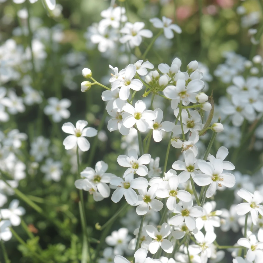 Weiße Blüten des Filzigen Hornkrauts über silbrigem Laub