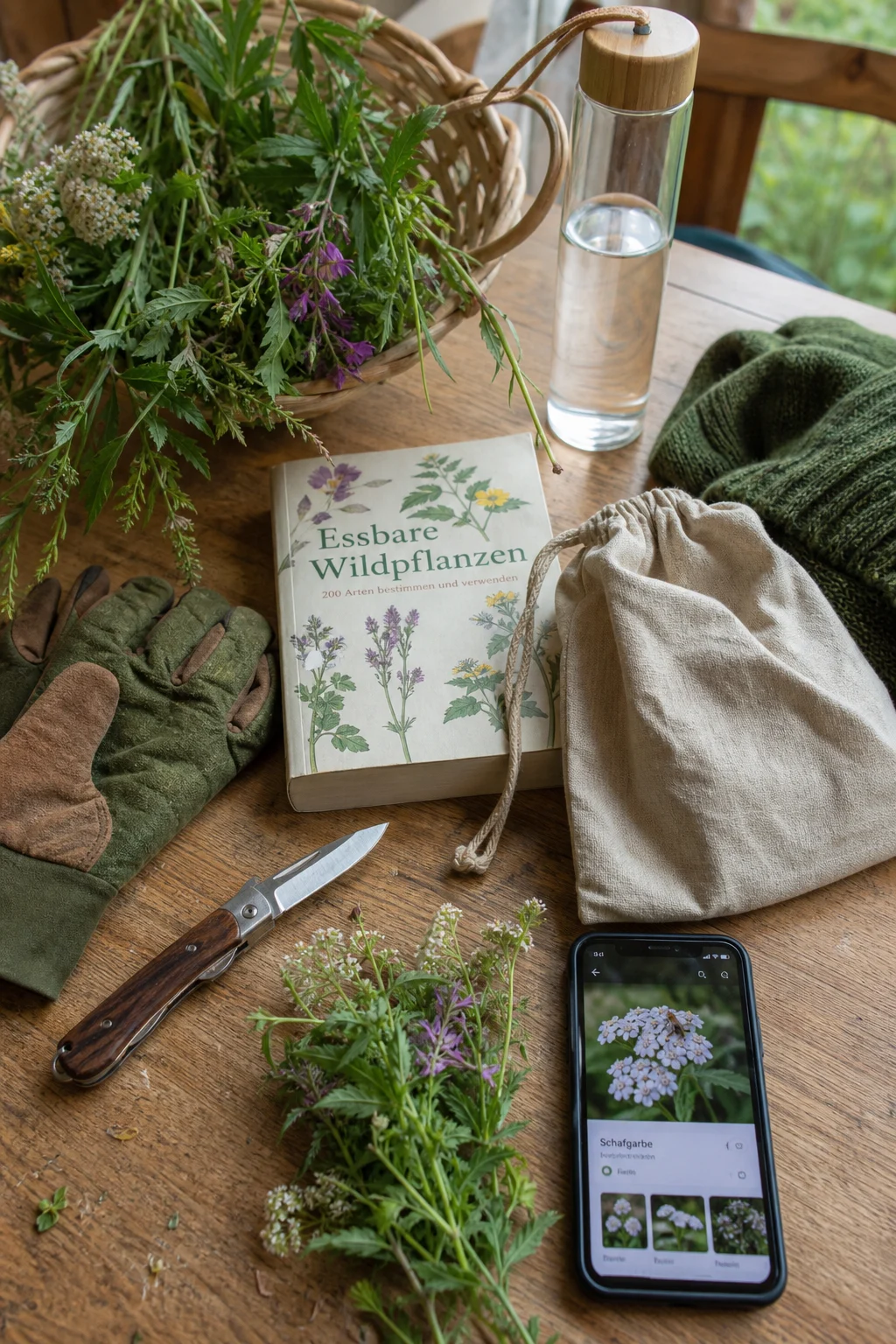 Sammler-Ausrüstung auf einem Holztisch — Klappmesser, Handschuhe, Leinenbeutel, Bestimmungsbuch, Wasserflasche und Smartphone mit Pflanzen-App.