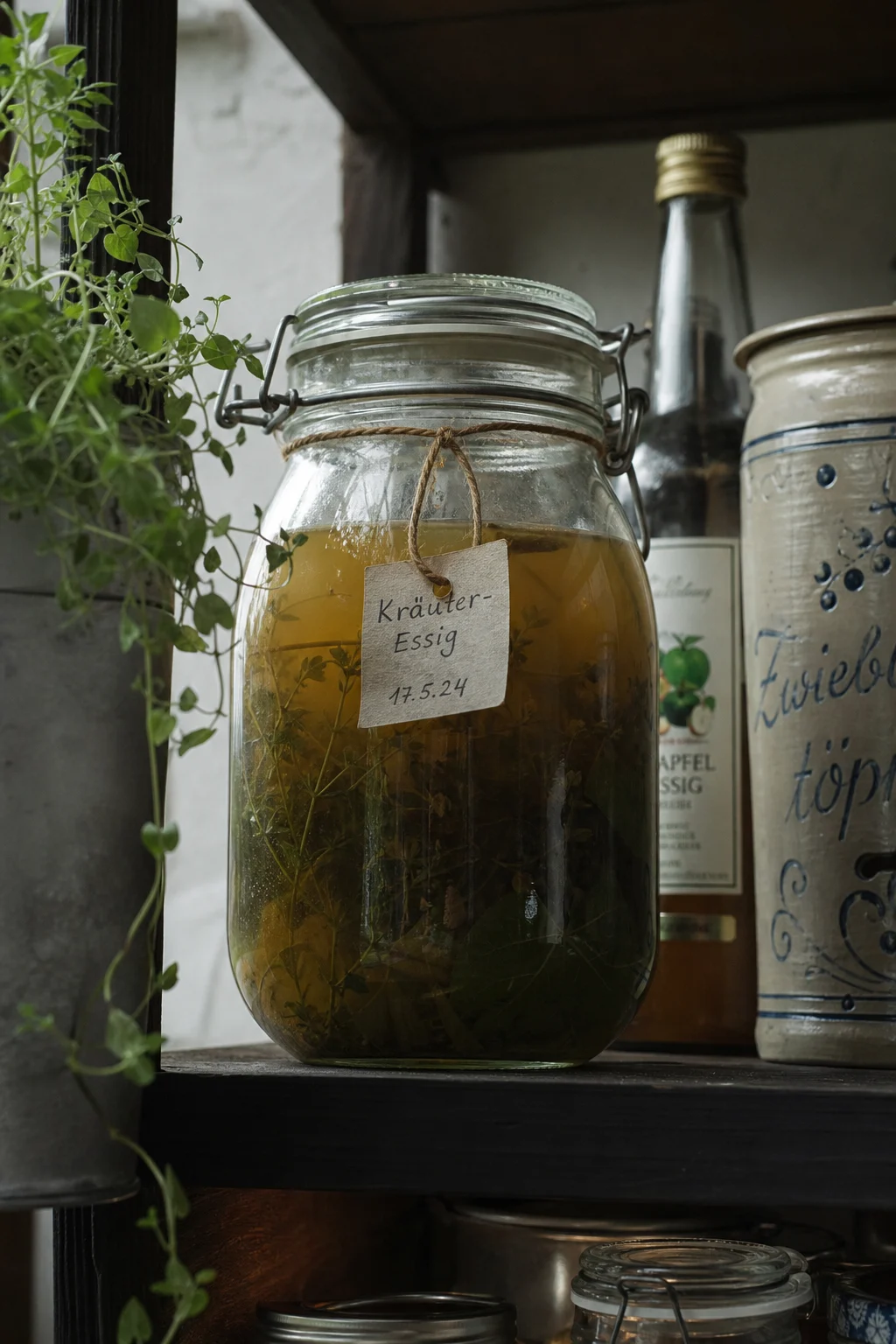 Glas mit Wildkräuter-Essig auf einem dunklen Regal in der Speisekammer, die Kräuter im trüben goldenen Sud sichtbar, kleines handgeschriebenes Datumsetikett am Glas.