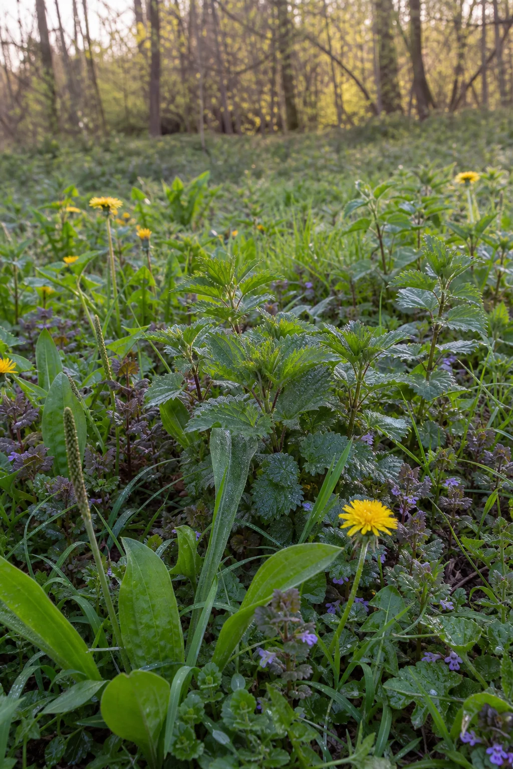 Frühlingswiese am Waldrand mit Brennnessel-Beständen, blühendem Löwenzahn, Spitzwegerich-Rosetten und Gundermann, Tau auf den Blättern im Morgenlicht.