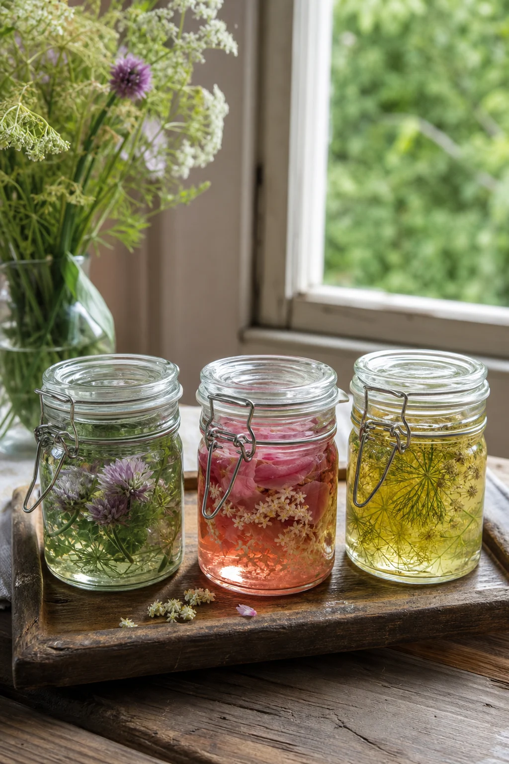 Drei kleinere Gläser mit Wildkräuter-Essigen in verschiedenen Farben — grün mit Schnittlauchblüten, rosa mit Holunder und Rosenblättern, gelb mit Dill und Fenchel — auf einem Holztablett.