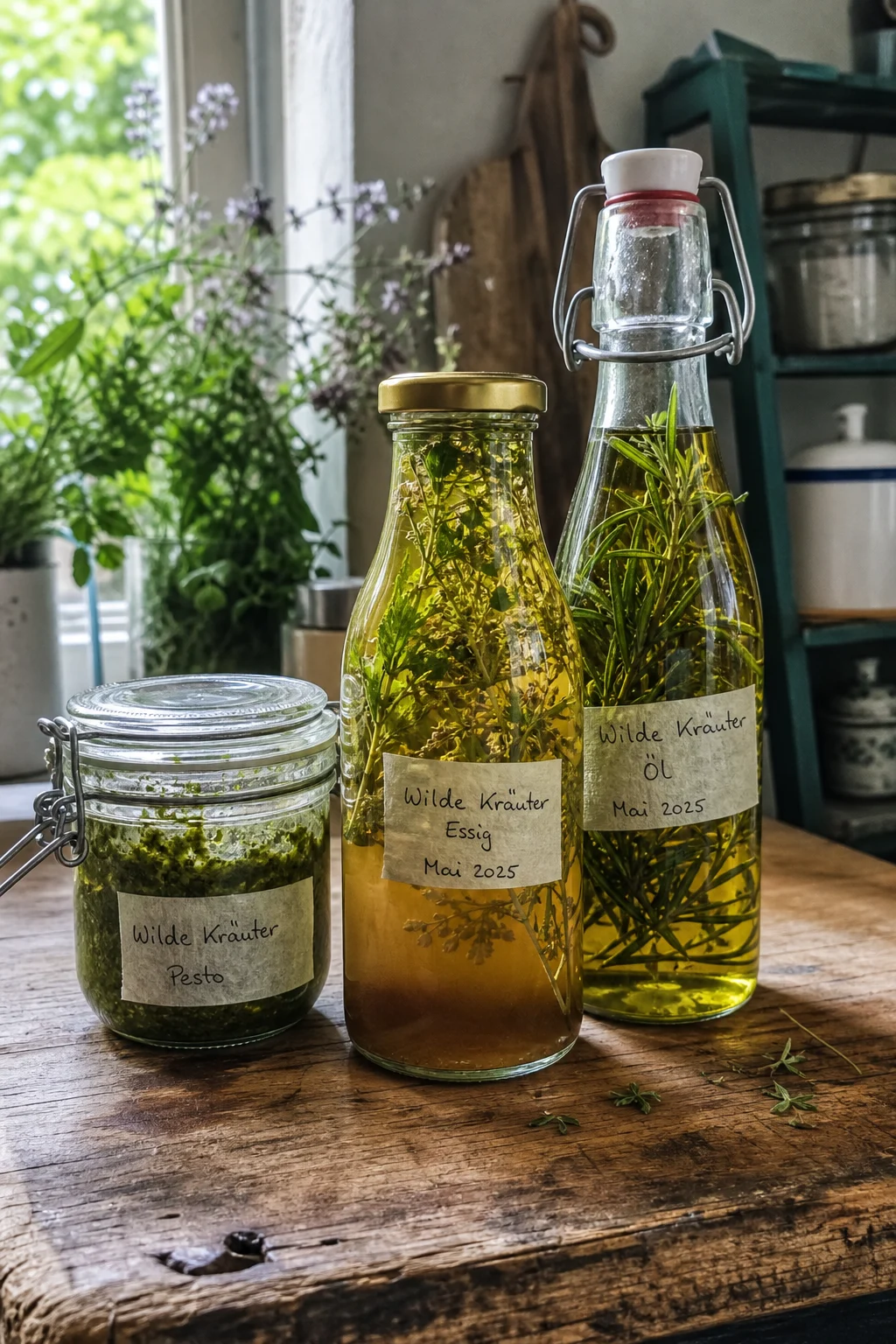 Drei Gläser auf einer rustikalen Küchentheke — Wildkräuter-Pesto, Wildkräuter-Essig und Wildkräuter-Öl, jeweils mit handgeschriebenem Etikett.