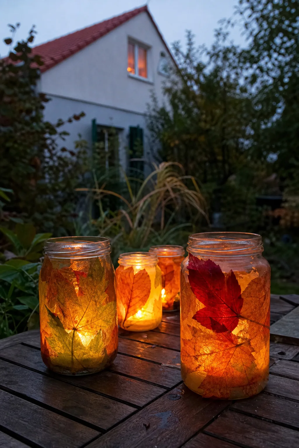 Drei Einmachgläser mit aufgeklebten bunten Herbstblättern, Kerzen brennen darin, auf einem Holztisch in der Dämmerung