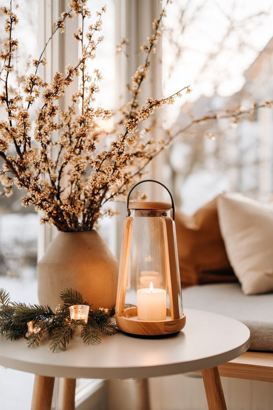 Holz-Glas-Windlicht mit Kerze auf Tisch, daneben Vase mit blühenden Zweigen