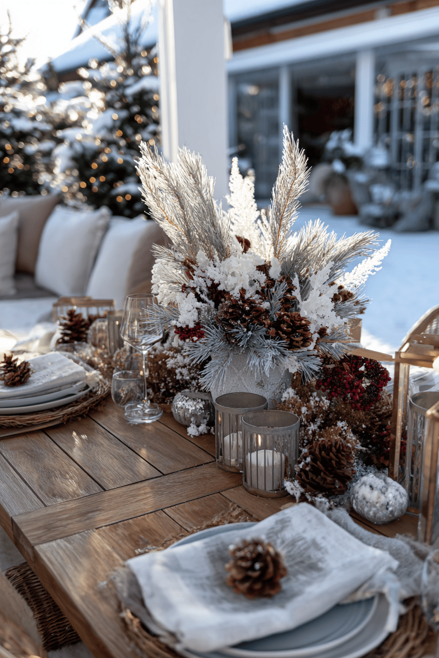 Stimmungsvolle Winterterrasse mit festlich geschmücktem Holztisch und DIY-Gesteck aus Tannenzweigen, Zapfen und Schneeakzenten