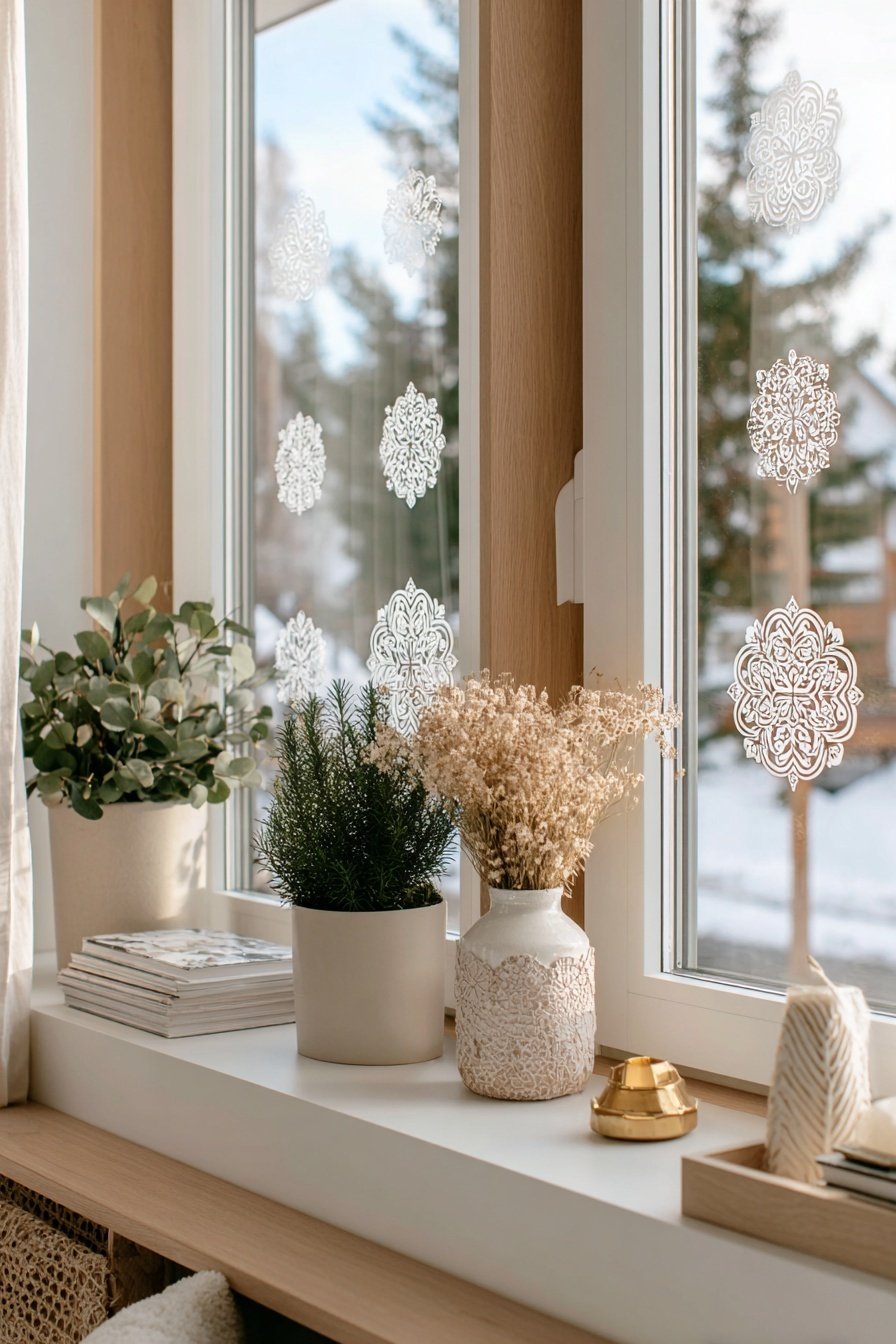 Winterlich dekoriertes Fenster mit weißen Ornament-Stickern und natürlichen Trockenblumen