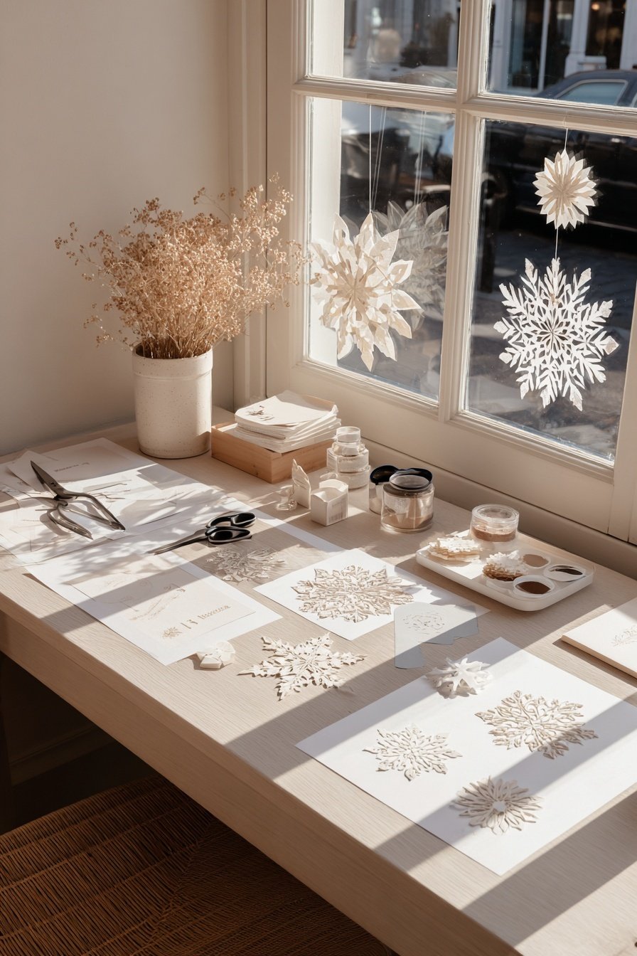 Papier-Schneeflocken im Fenster und Bastelmaterial auf einem Tisch im Sonnenlicht