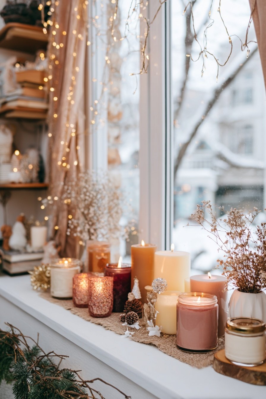 Winterlich geschmückte Fensterbank mit Kerzen, Trockenblumen und kleinen Dekofiguren