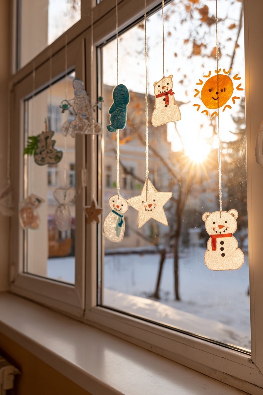 Bunte Winter-Fensterbilder mit Schneemännern, Sternen und Tieren hängen an einer Glasscheibe im Sonnenlicht