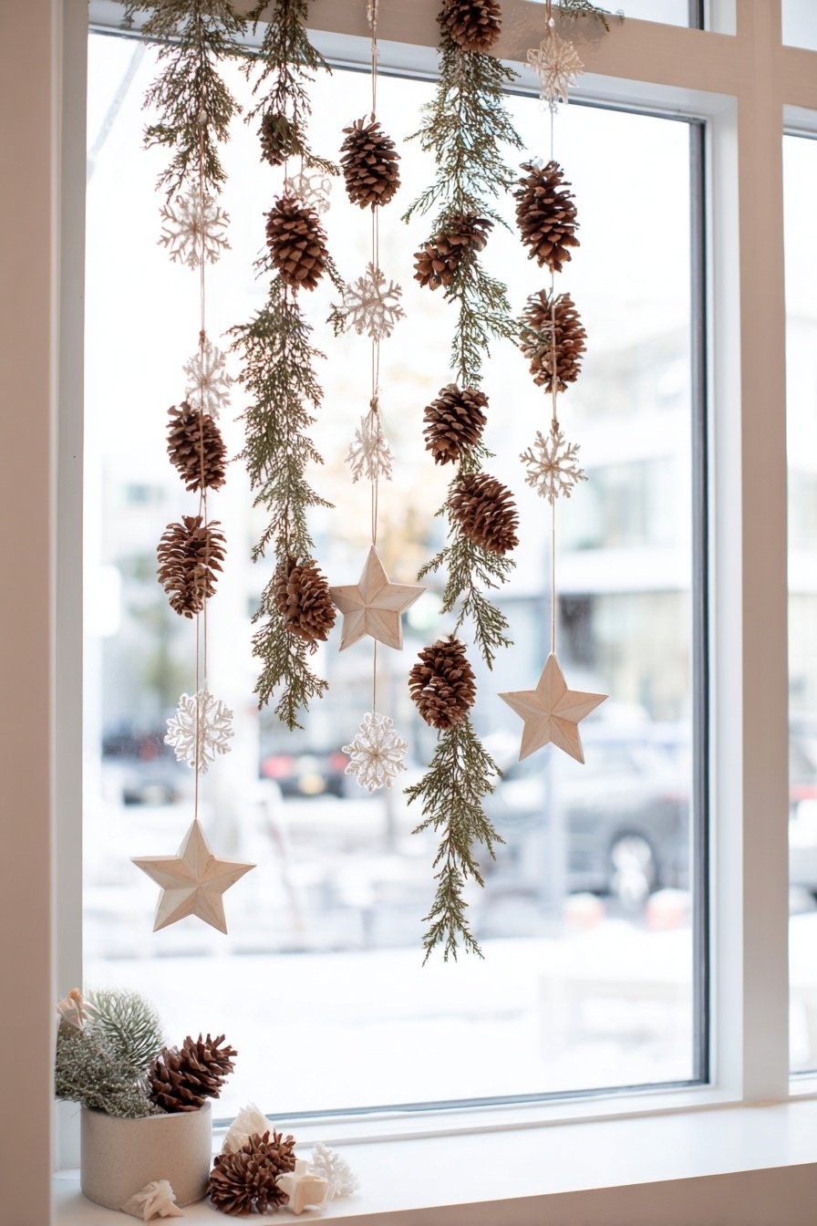 Winterliche Fensterdeko mit Zapfen, Sternen und Schneeflocken