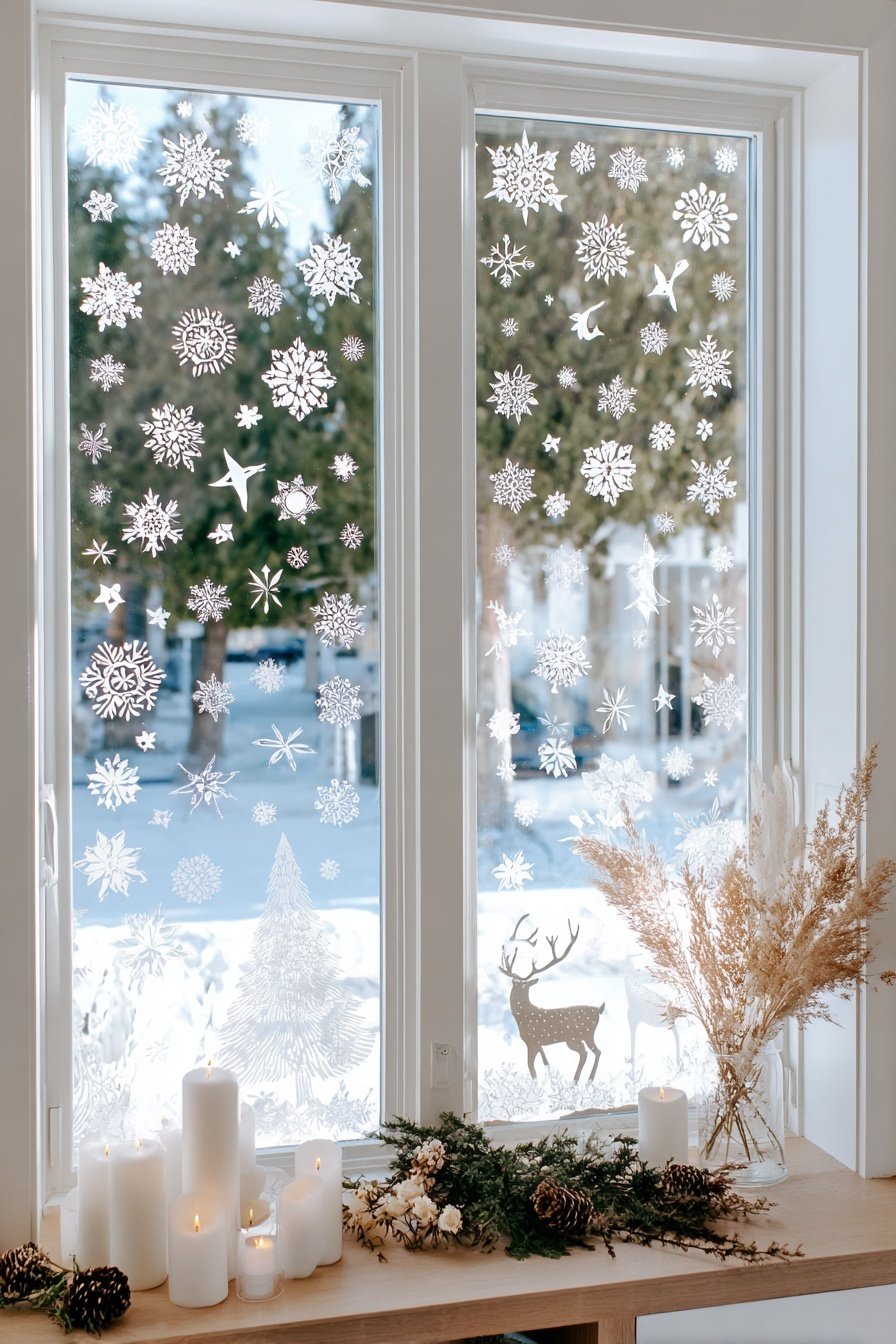 Weiße Fenstersticker mit Schneeflocken, Hirschen und Tannenbaum auf Fensterscheiben mit Winterblick