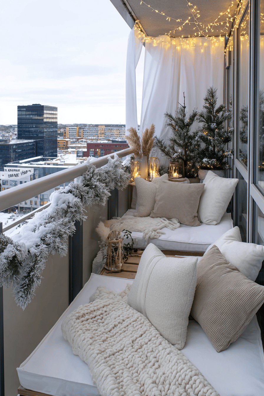 Gemütlich dekorierter Balkon mit Lichterkette, Kissen, Wintergirlande und kleinen Tannenbäumen im Schnee