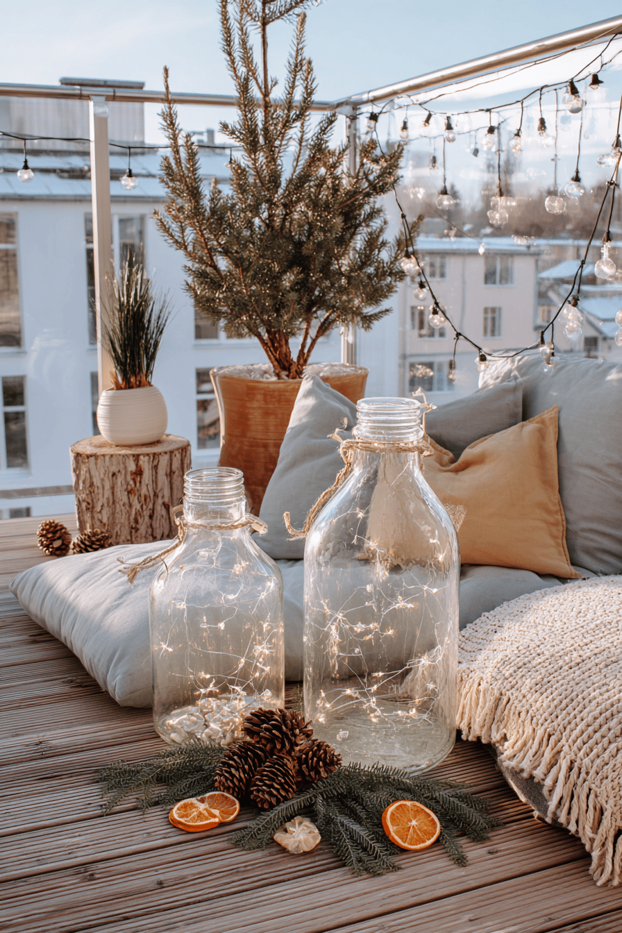 Glasballonflaschen mit Lichterketten, Tannenzweigen, Zapfen und Trockensorangen auf winterlich dekorierter Terrasse