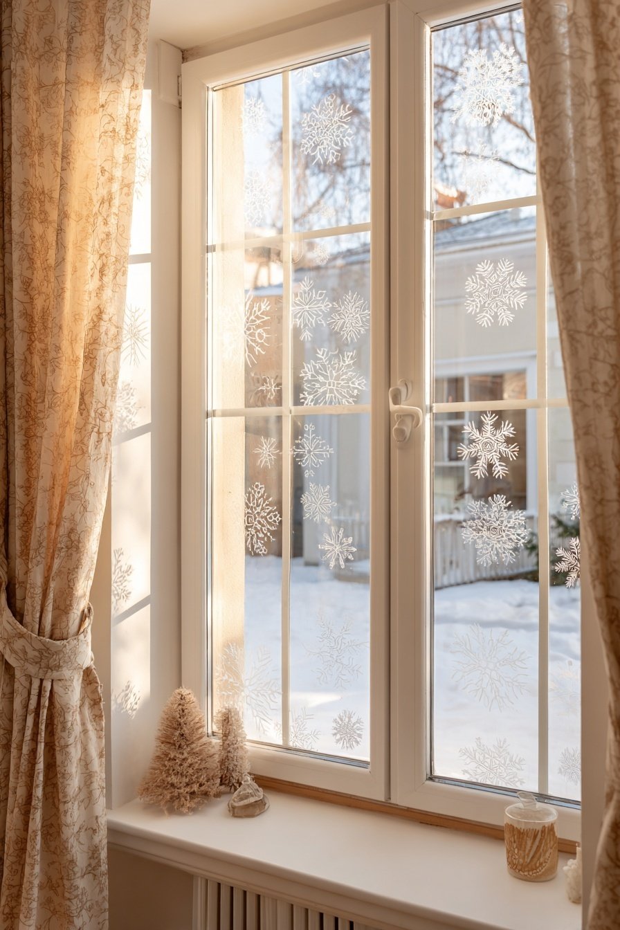 Fensterscheibe mit weißen Schneeflocken-Motiven verziert
