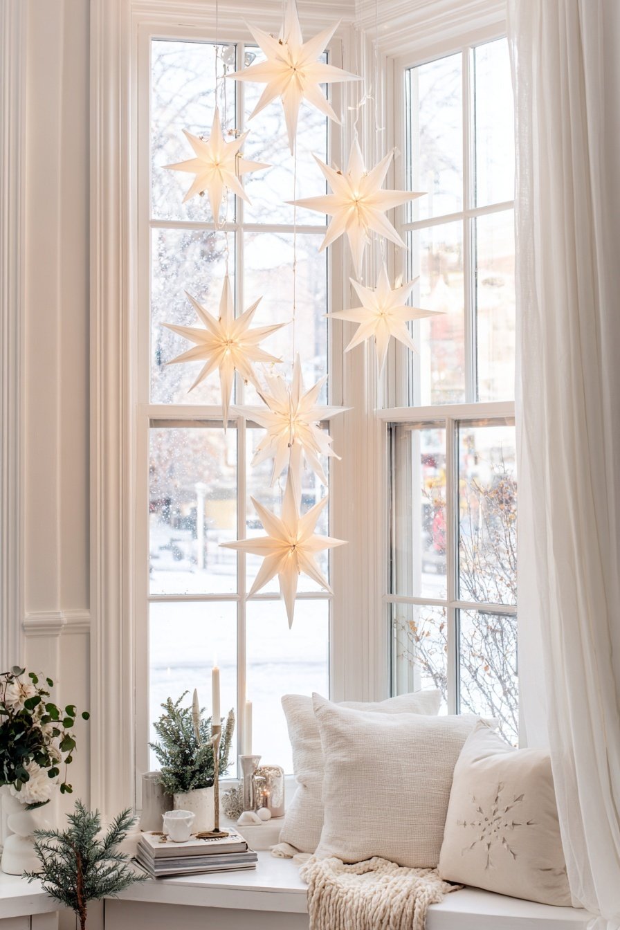 Leuchtende Papiersterne als Mobile am Fenster vor winterlicher Kulisse