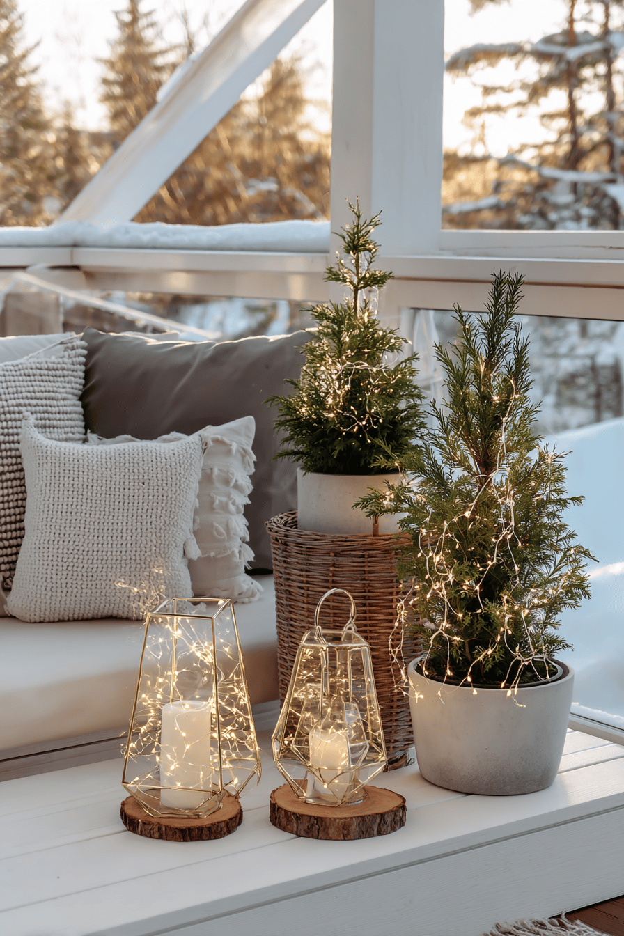 Zwei kleine Tannen im Topf mit Lichterketten dekoriert, daneben Windlichter mit Kerzen auf einer winterlichen Terrasse