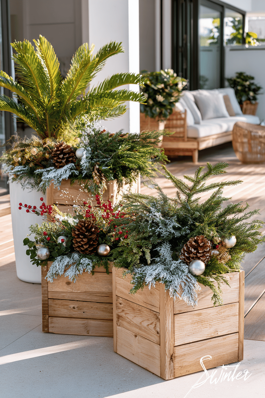 Holzkisten mit winterlicher Deko aus Tannenzweigen, Zapfen und Kugeln auf moderner Terrasse