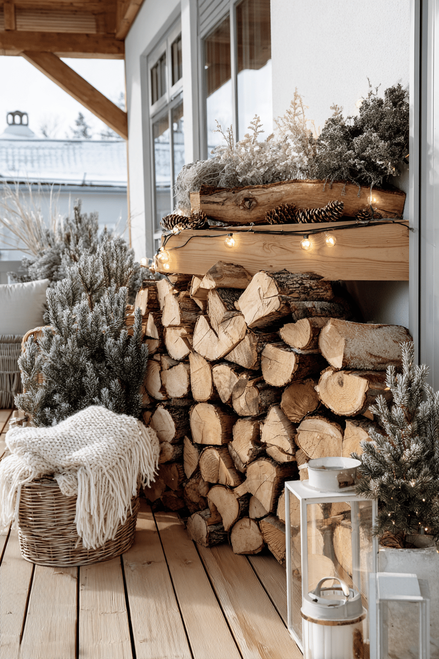Winterlich dekorierte Terrasse mit gestapelten Holzscheiten, Lichterkette, Tannenzweigen und Laternen.