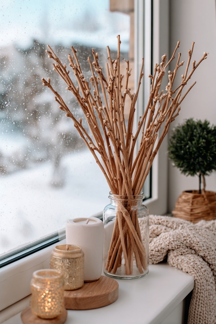 Holzstäbe in einer Glasvase mit Kerzen auf Fensterbank im Winter
