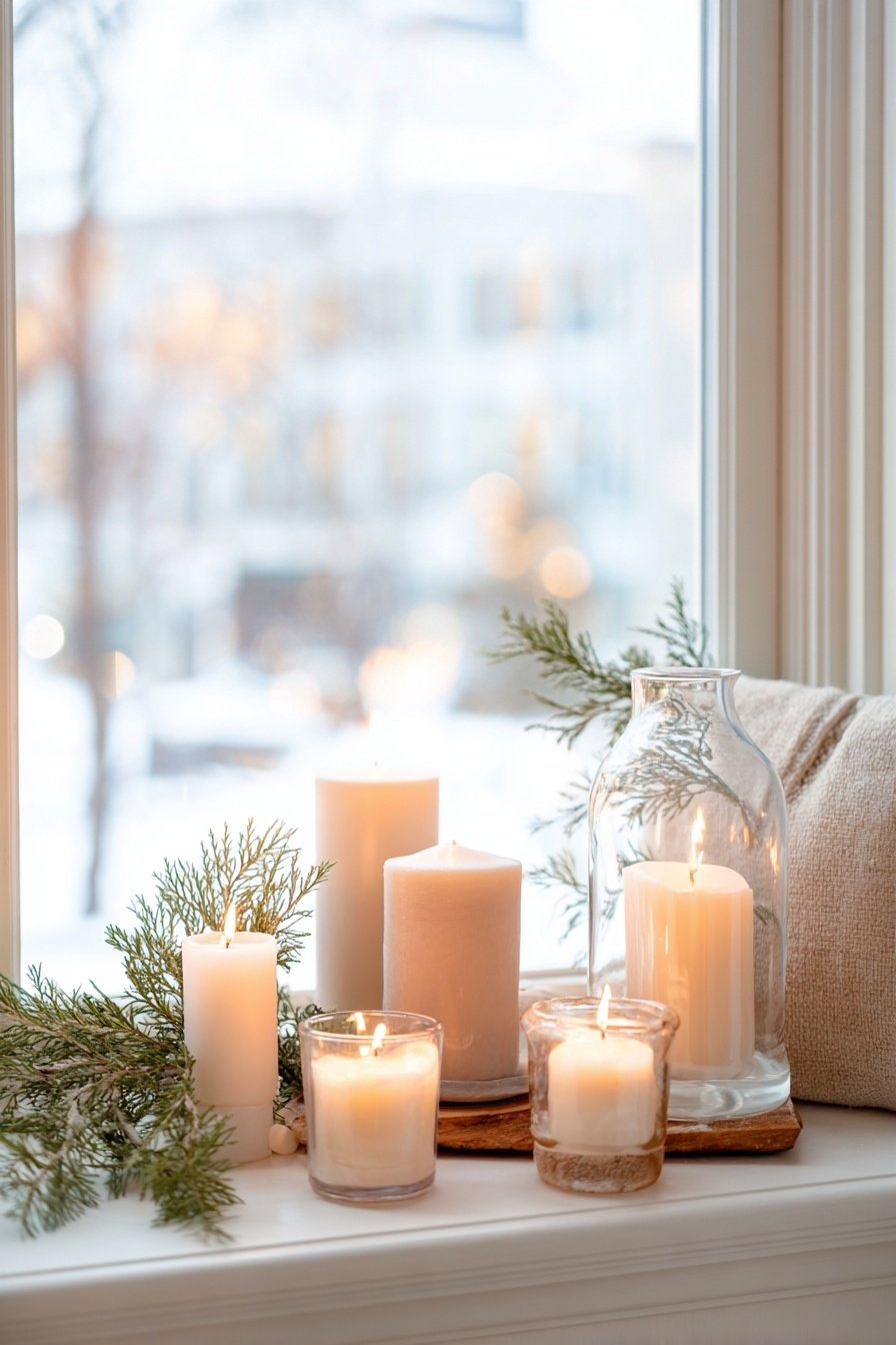 Kerzen und Windlichter auf einem winterlich dekorierten Fensterbrett
