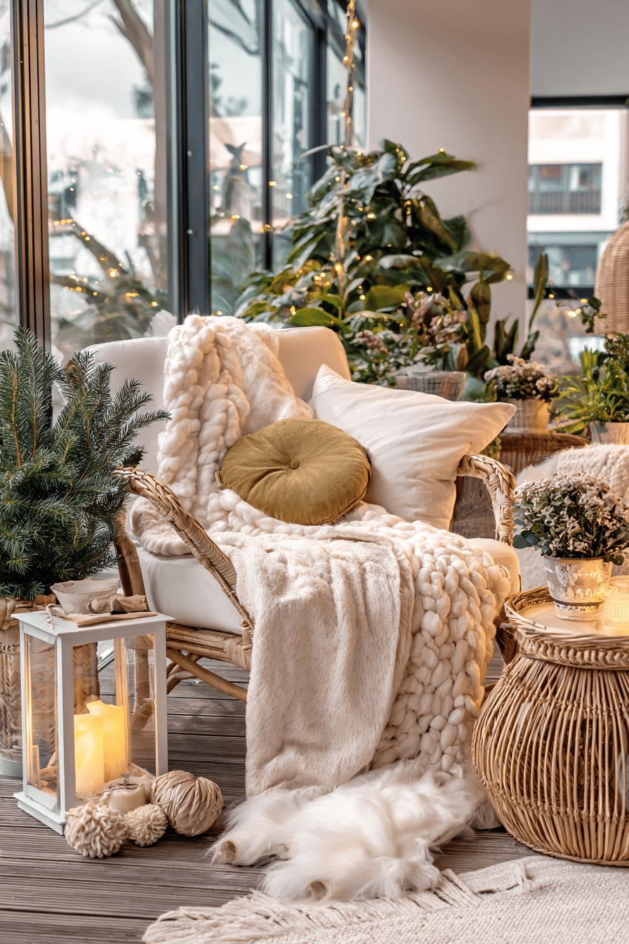 Gemütlich dekorierte Terrasse mit weichen Decken, Kissen, Lichterketten und Pflanzen im Winterstil