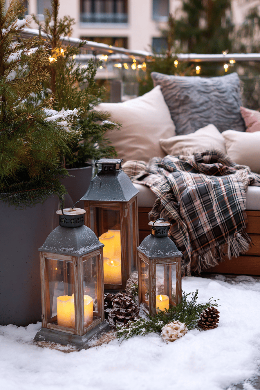 Drei Laternen mit Kerzenlicht im Schnee, umgeben von Kissen, Decken und Tannenzweigen auf winterlich dekorierter Terrasse