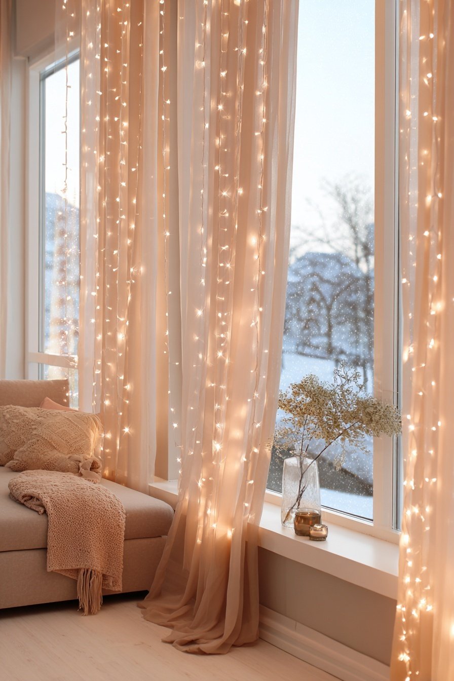 Winterlich dekoriertes Fenster mit warmweißen LED-Lichterketten und transparenten Vorhängen