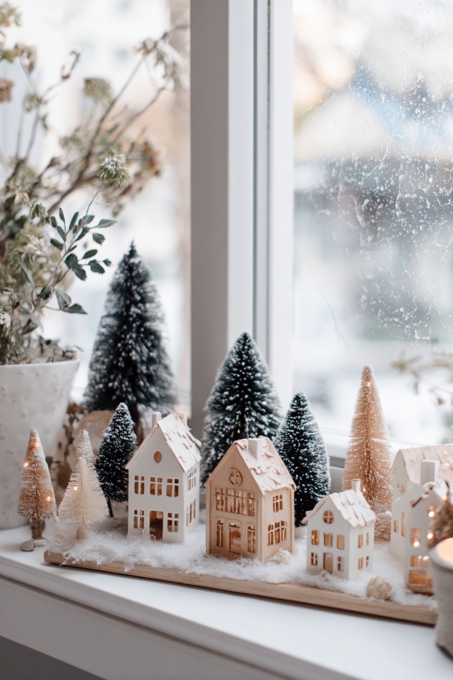 Kleine Winterdorf-Deko mit Häuschen und Bäumen auf einer Fensterbank