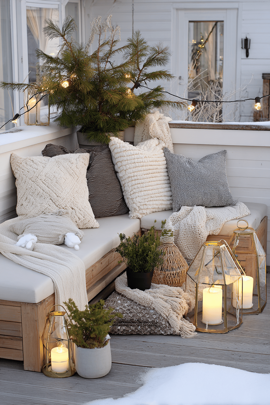 Terrasse mit wetterfesten Kissen in Winterfarben, Decken, Pflanzen und Laternen