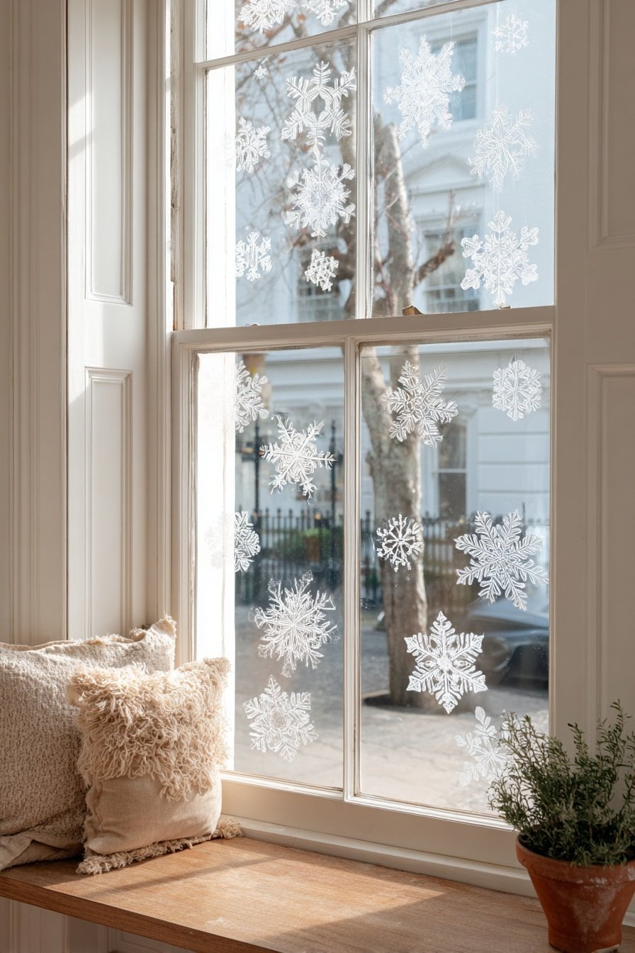 Weiße Schneeflocken-Deko an einem hellen Fenster mit Sitzbank und Kissen