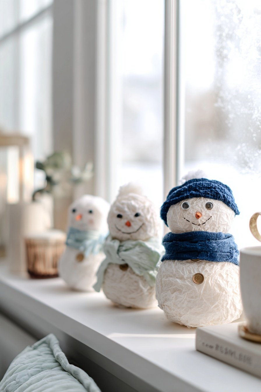 Drei selbstgebastelte Schneemänner aus Papier oder Watte auf einer Fensterbank.