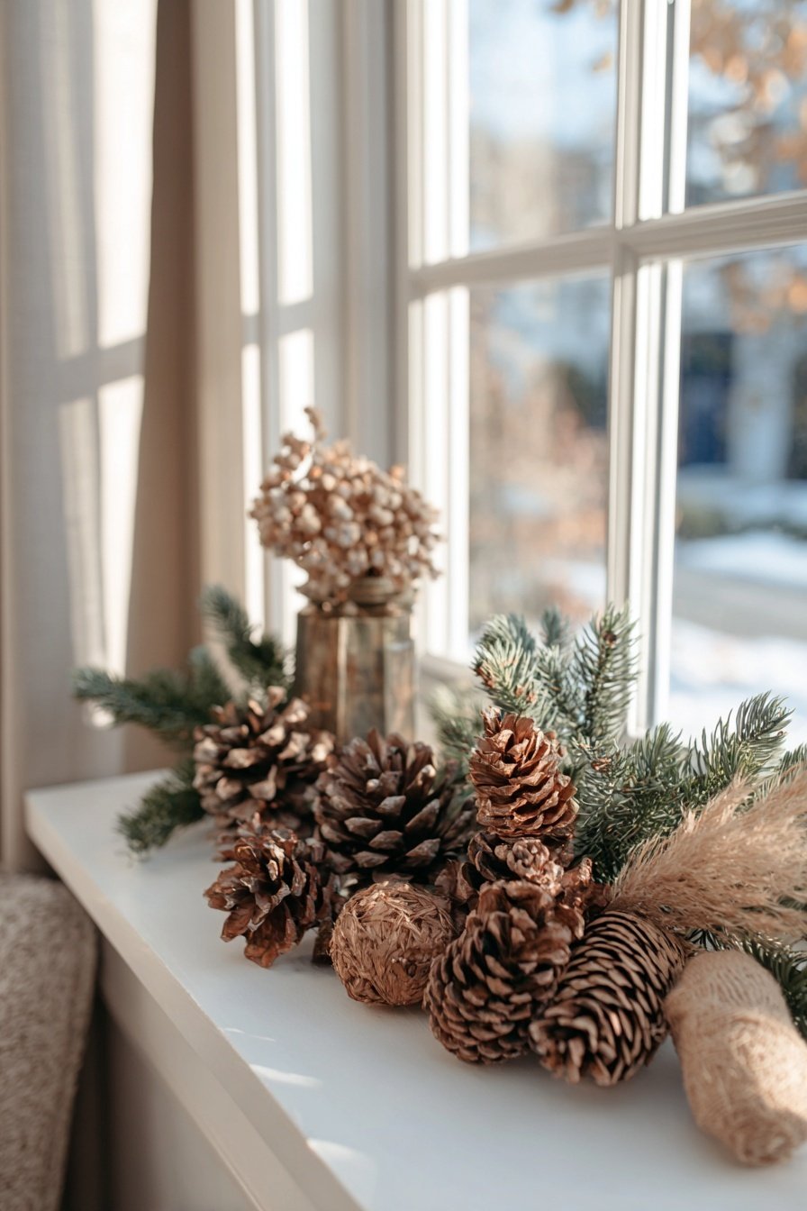 Winterliche Fensterdeko mit Tannenzweigen, Zapfen und Naturmaterialien