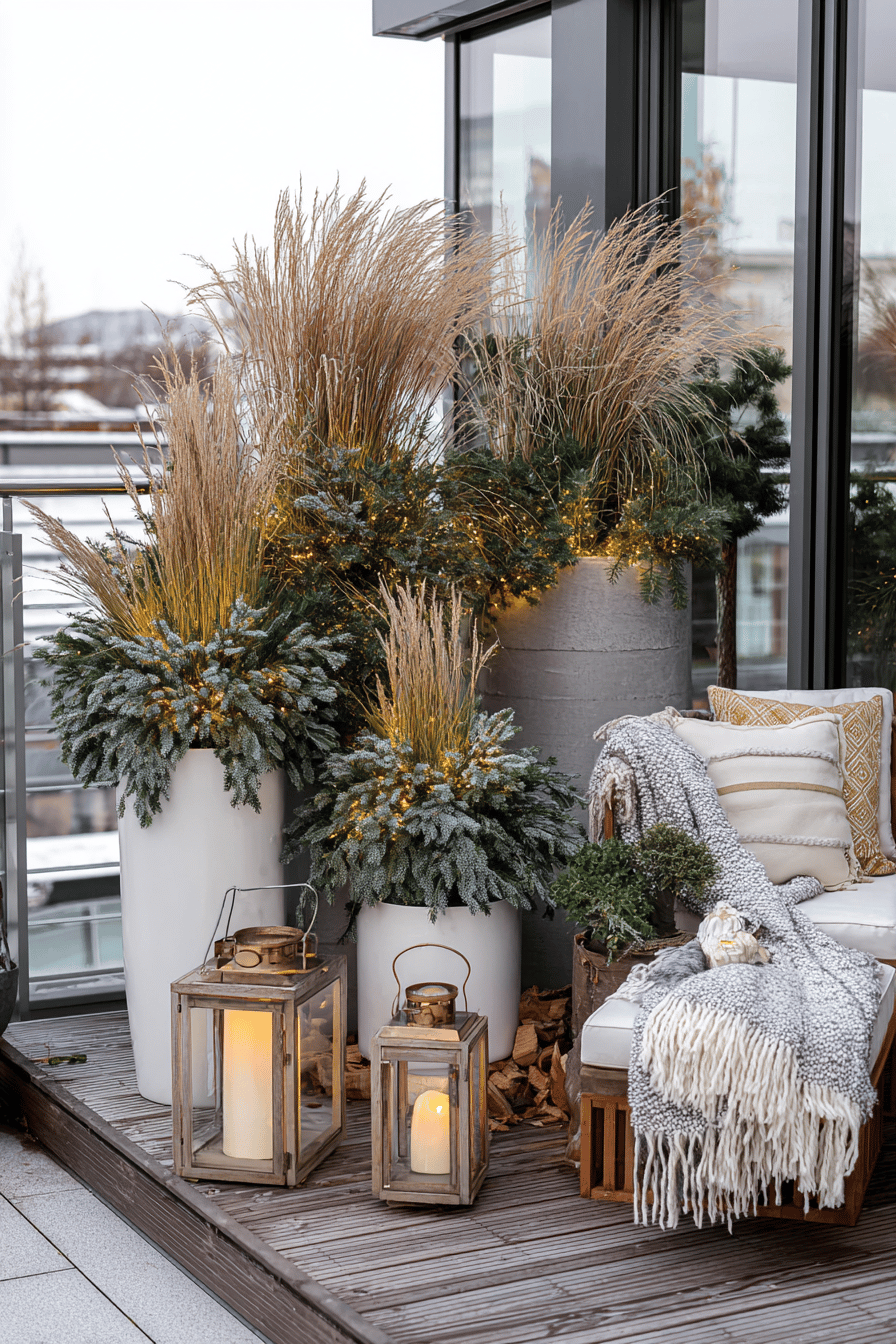 Winterlich dekorierte Terrasse mit winterharten Kübelpflanzen, Gräsern, Lichterketten und Holzlaternen