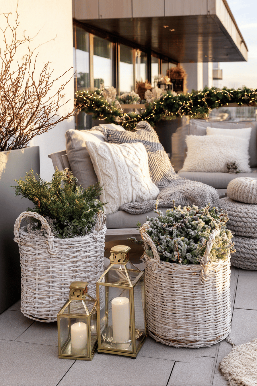 Winterlich dekorierte Terrasse mit bepflanzten Körben, Lichterkette und Kissen