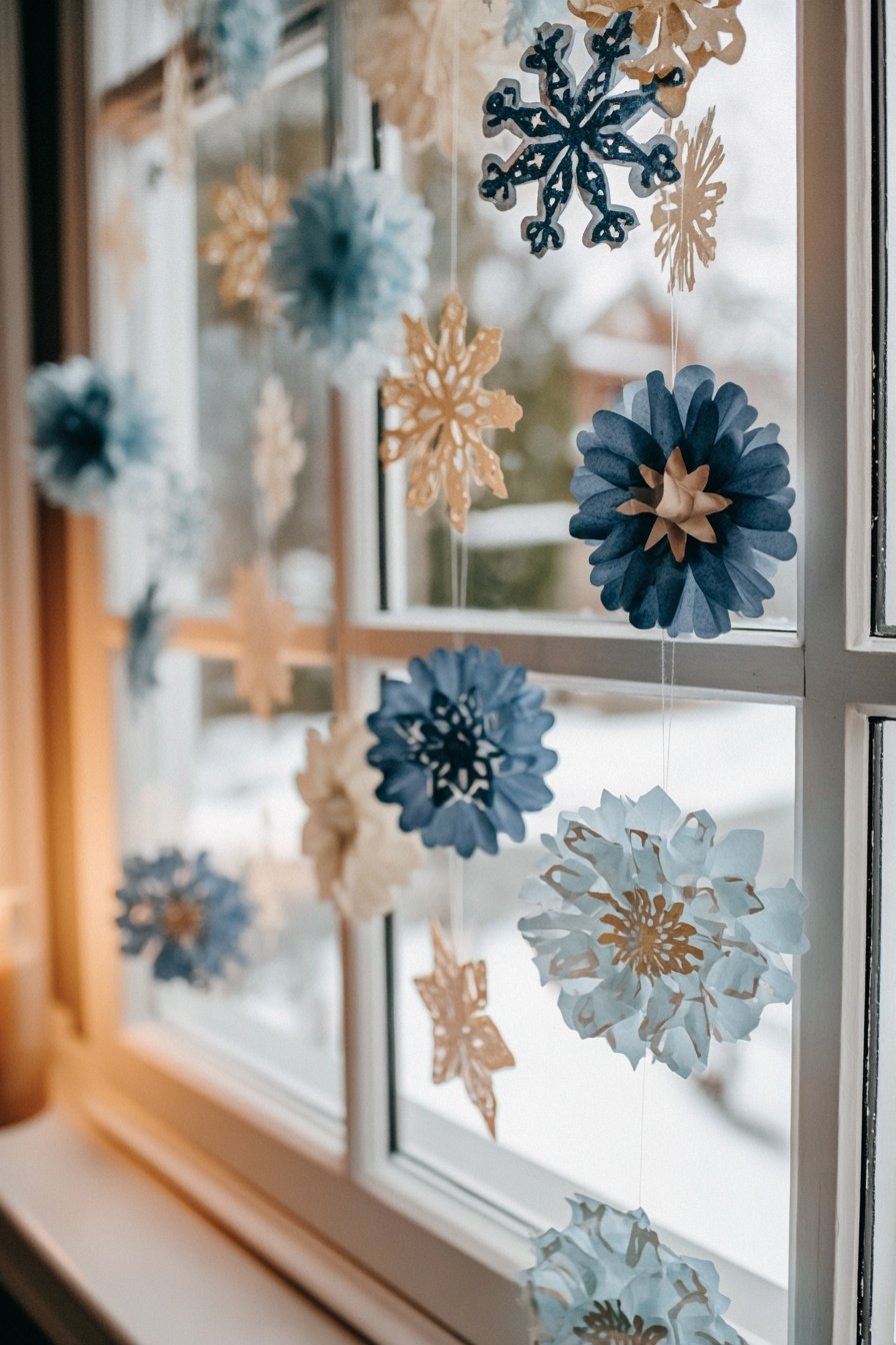 Selbstgebastelte Schneeflocken und Blumen aus Transparentpapier hängen am Fenster