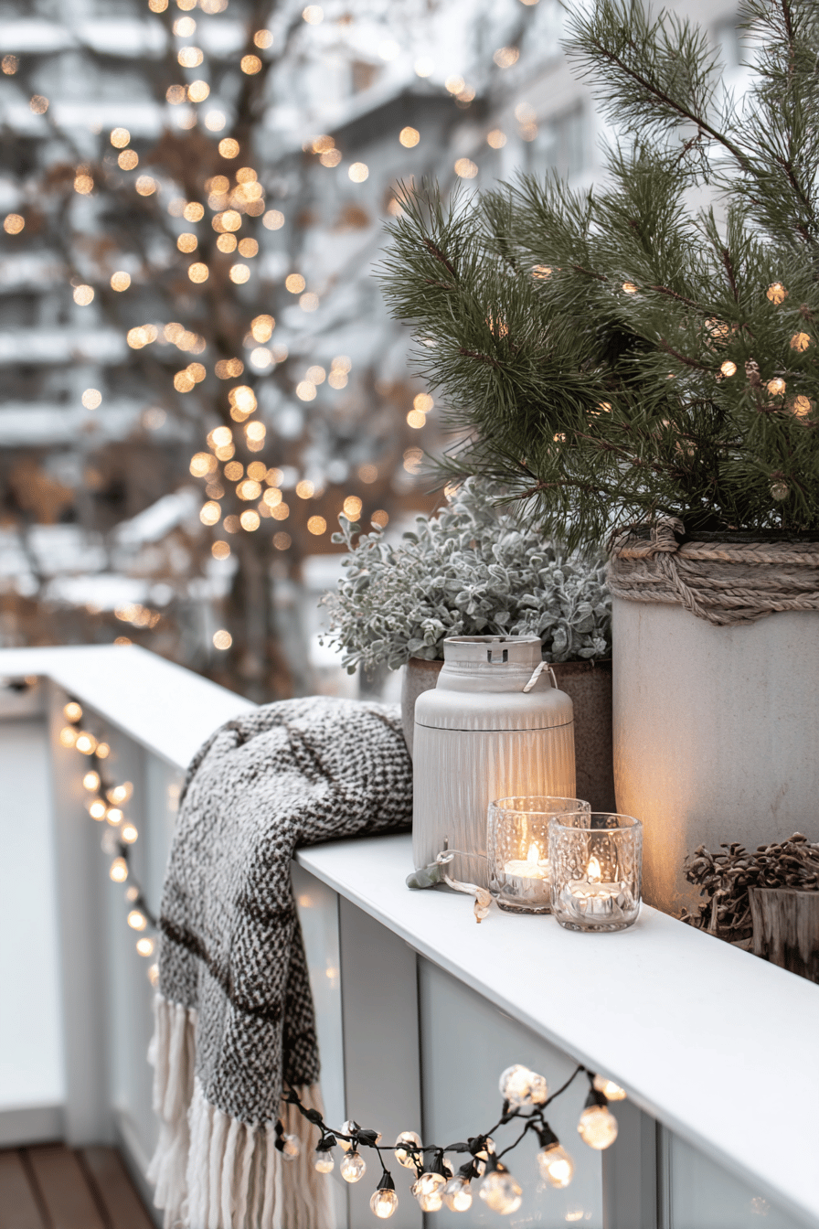 Nahaufnahme einer winterlich dekorierten Terrasse mit LED-Lichterketten, Kerzen und Tannenzweigen