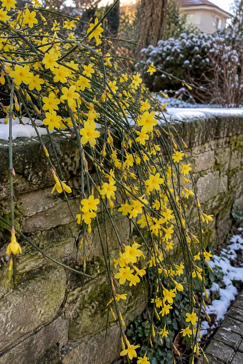 Lange, grüne, bogig überhängende Triebe des Winterjasmins hängen im Januar über eine Gartenmauer, dicht besetzt mit leuchtend gelben Blüten