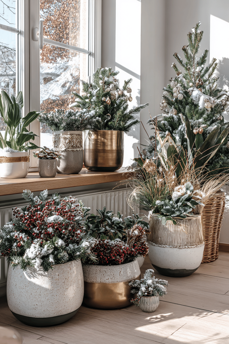Verschiedene winterliche Pflanzenarrangements in modernen Blumenkübeln auf einer Fensterbank.