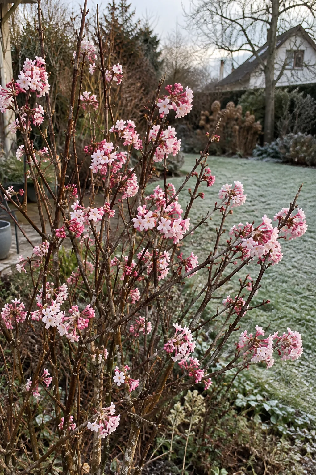 Aufrechter Winterschneeball im Dezember mit kahlen Zweigen und runden Büscheln kleiner Röhrenblüten, die dunkelrosa aufblühen und zu Weiß verblassen