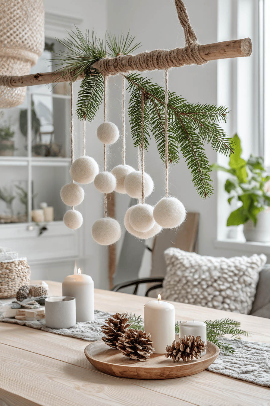 Weiße Wollbälle hängen an Ästen mit Tannenzweigen über einem Wintertisch